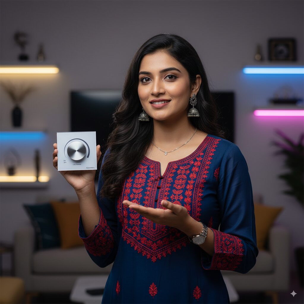 “Young woman controlling smart lights with DALI driver.”