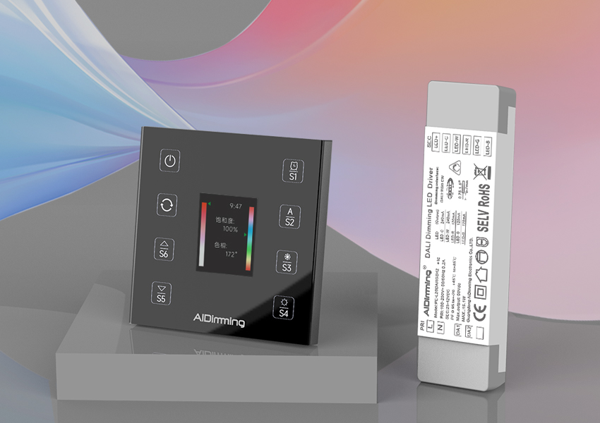 Sleek black AiDimming DALI driver for smart home lighting automation with touch control panel