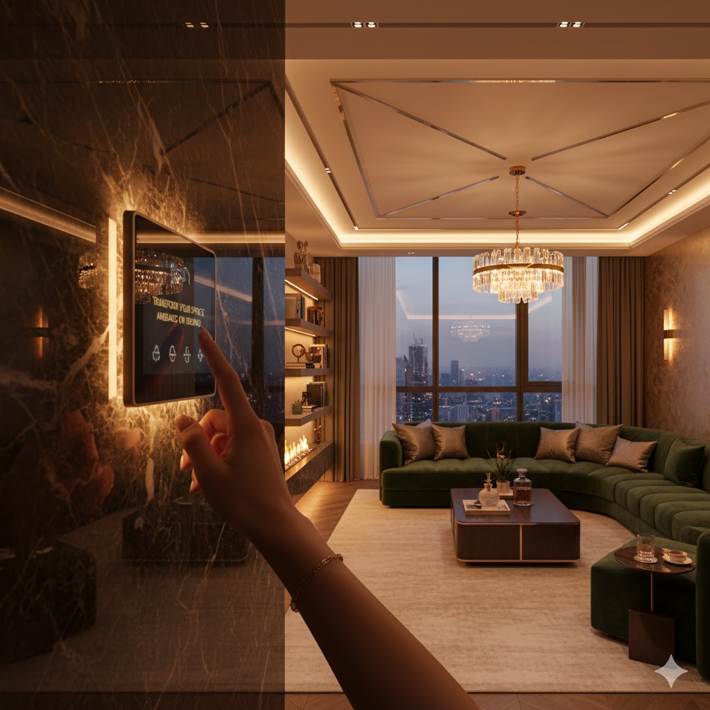 SarluxElectronics mobile app interface showing home automation controls for lights and temperature