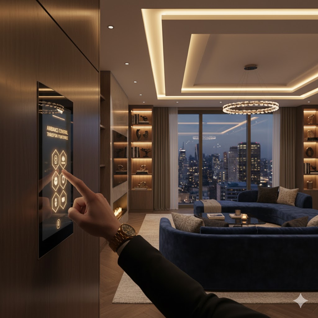 SarluxElectronics mobile app interface showing home automation controls for lights and temperature