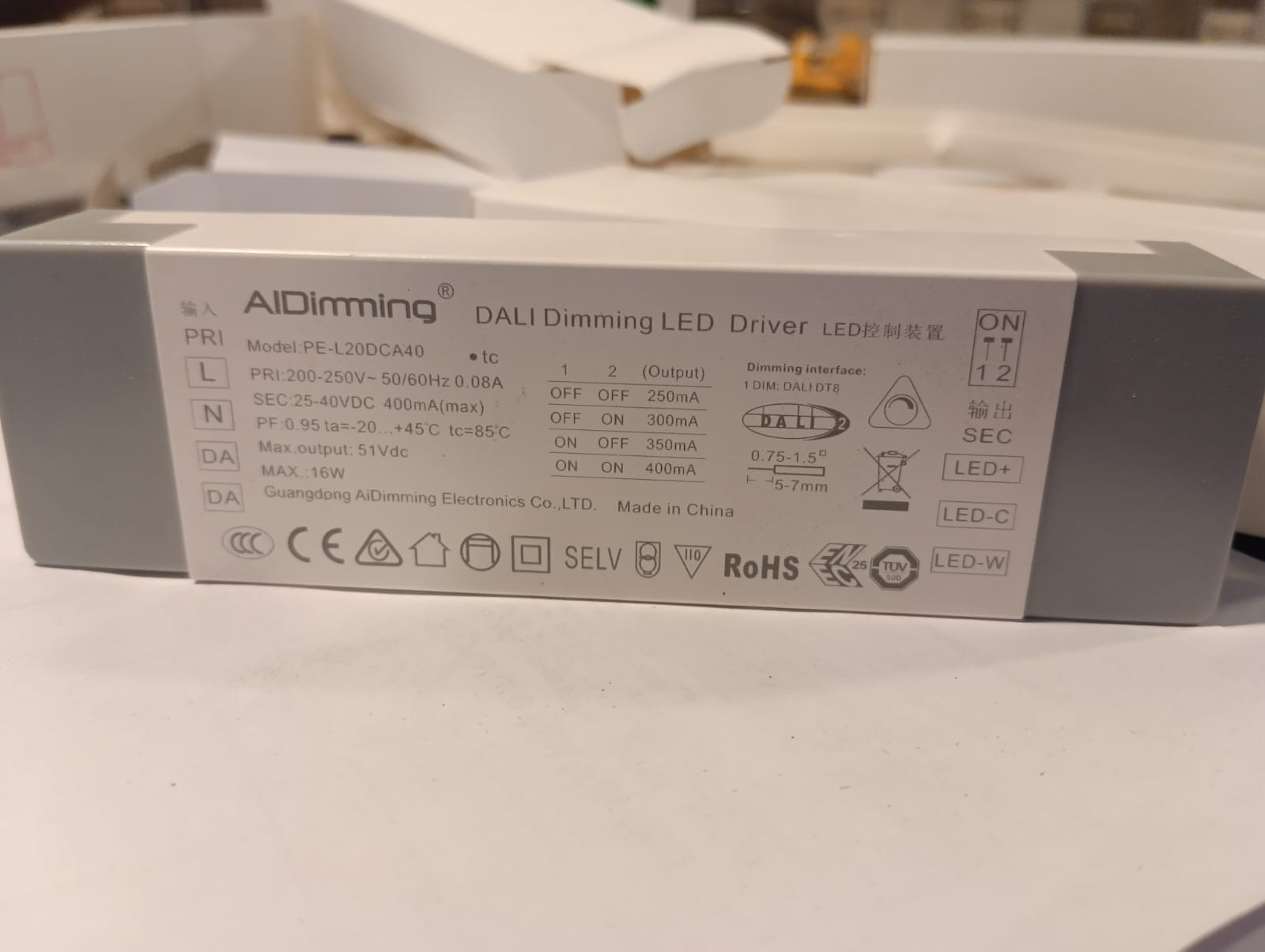 DALI DT8 Dimmable LED Driver 16W Constant Current 250-400mA | 200-250V AC | Flicker Free | PE-L20DCA40 | Commercial Lighting