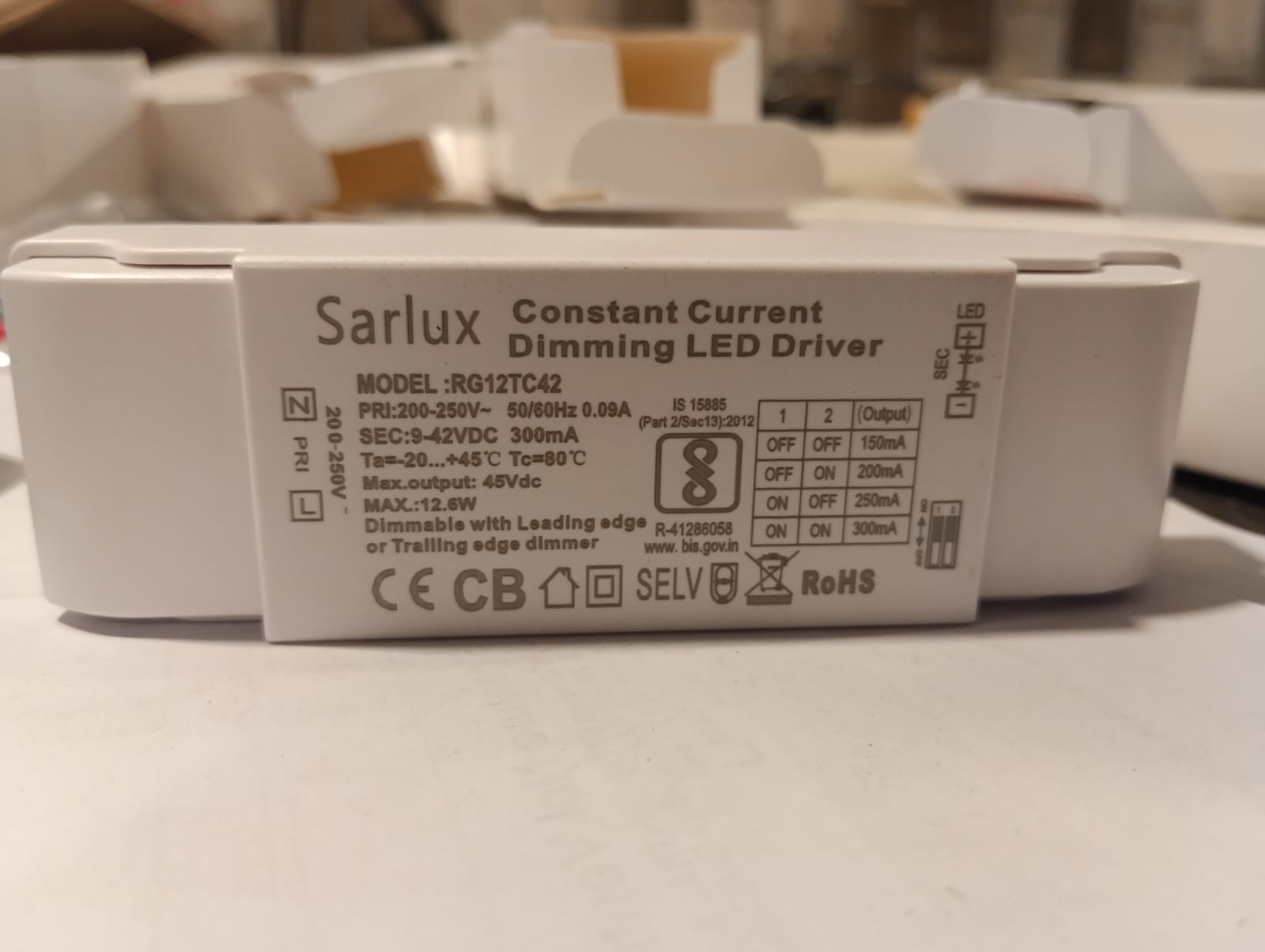 Sarlux 12W TRIAC Dimmable LED Driver 150-300mA Constant Current | 200-250V AC | RG12TC42 | BIS Approved | Leading & Trailing Edge Compatible