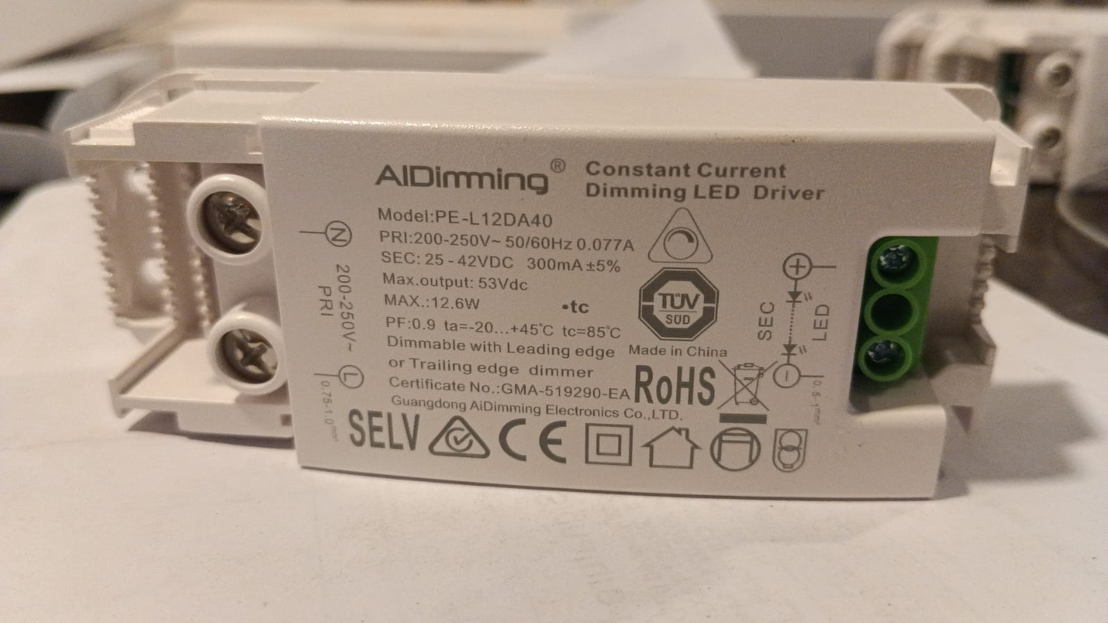 AiDimming 12W TRIAC Dimmable LED Driver 300mA Constant Current | 200-250V AC | PE-L12DA40 | Leading & Trailing Edge Compatible | TUV Certified